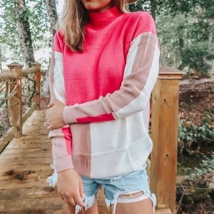 Rose pink chunky colorblock turtleneck sweater